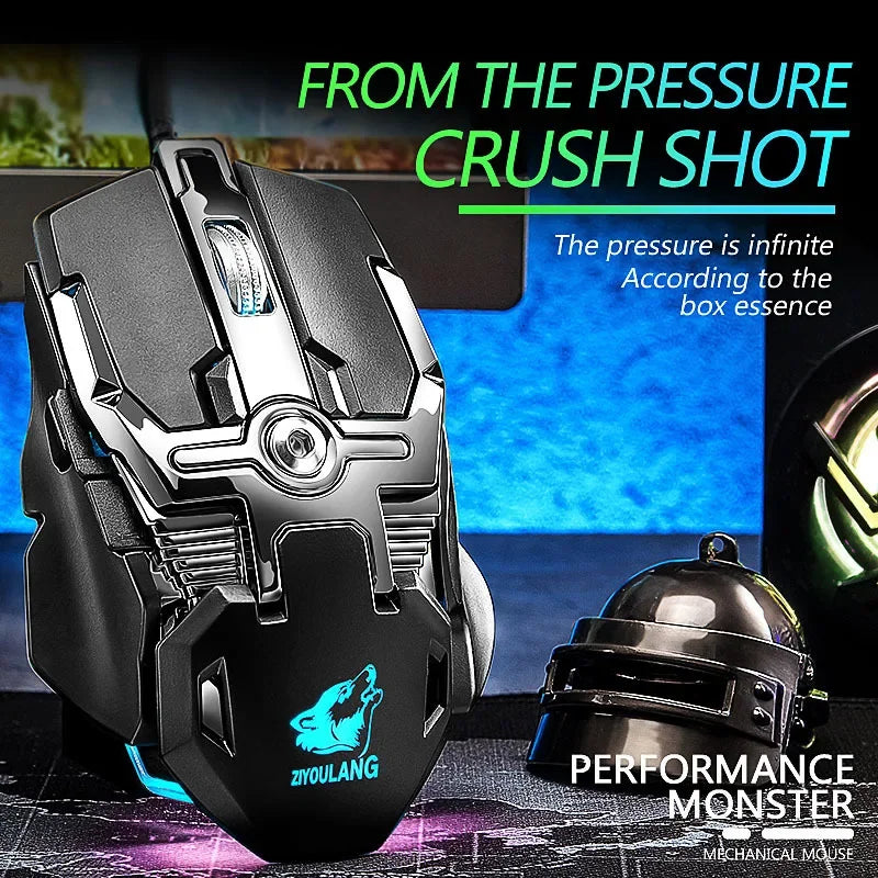 Black mechanical mouse with a textured shell is shown next to a bronze helmet, emphasizing the pressure crush shot feature.