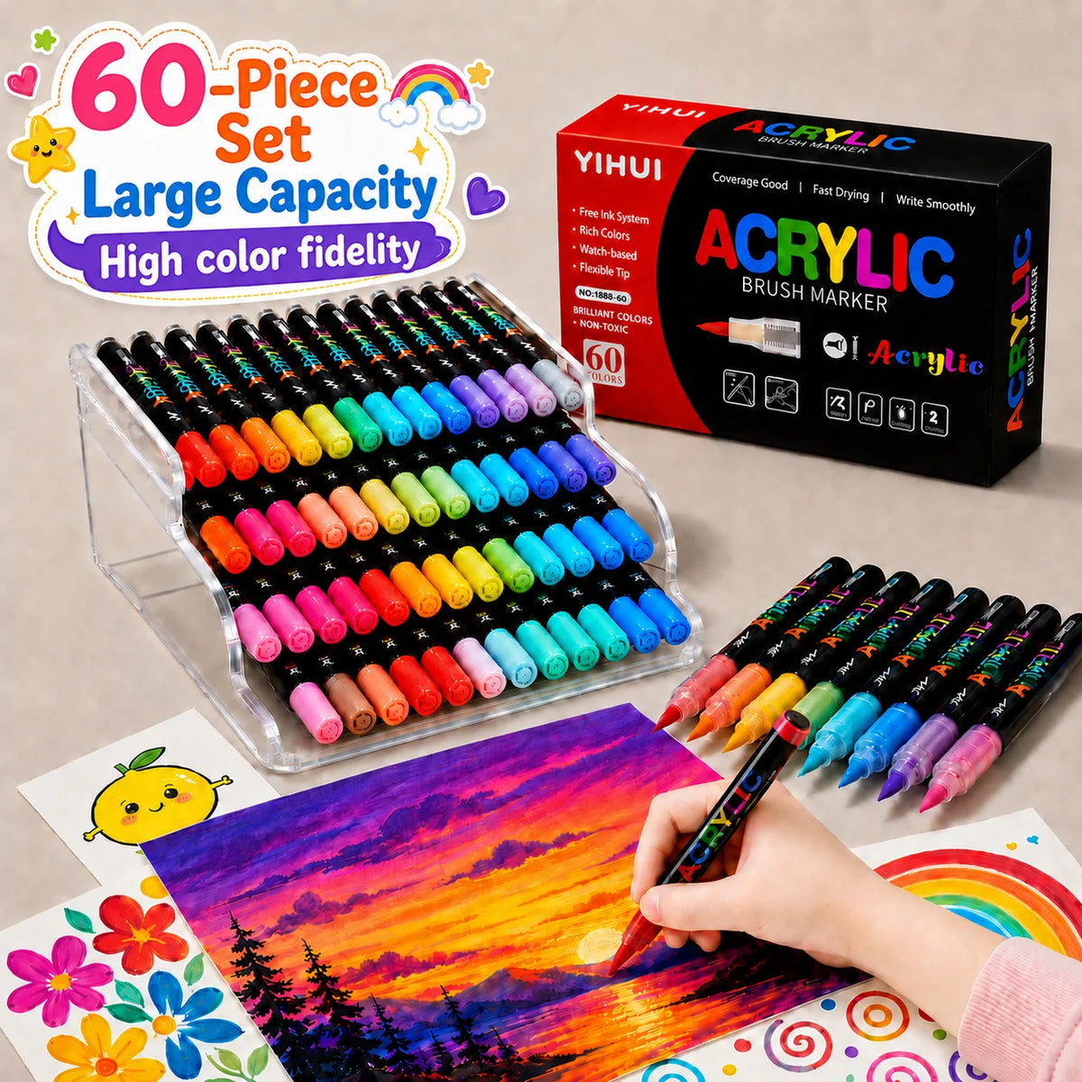 A set of 60 acrylic brush marker pens in various colors is shown next to a box and an artist painting on paper.