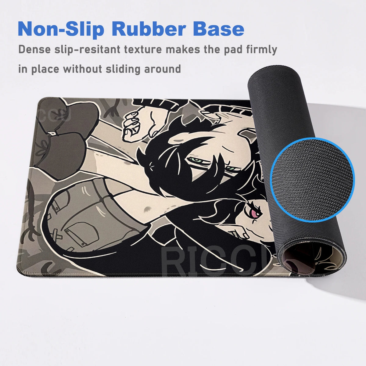 A black mouse pad with a graphic design is shown next to a black non-slip rubber base.