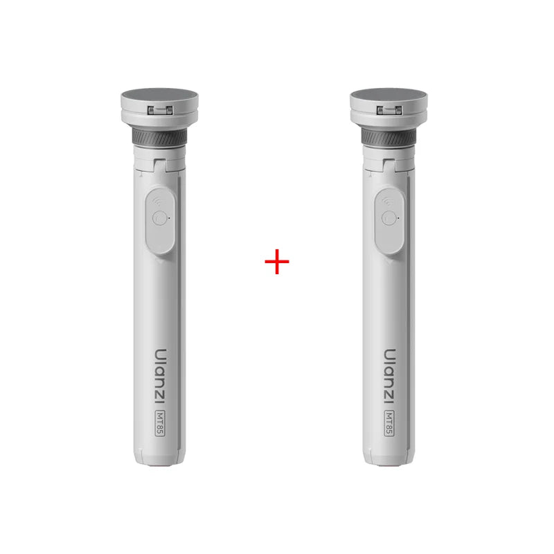 A white magnetic phone tripod with a wireless remote shown in two views.