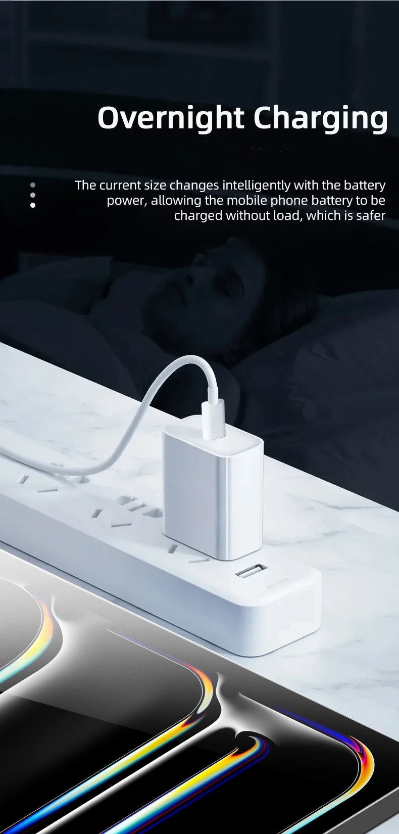 A white overnight charging device with a cable is shown next to a tablet or phone screen.
