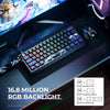 A close-up view of an aluminum mechanical keyboard with RGB backlight resting on a dark surface.