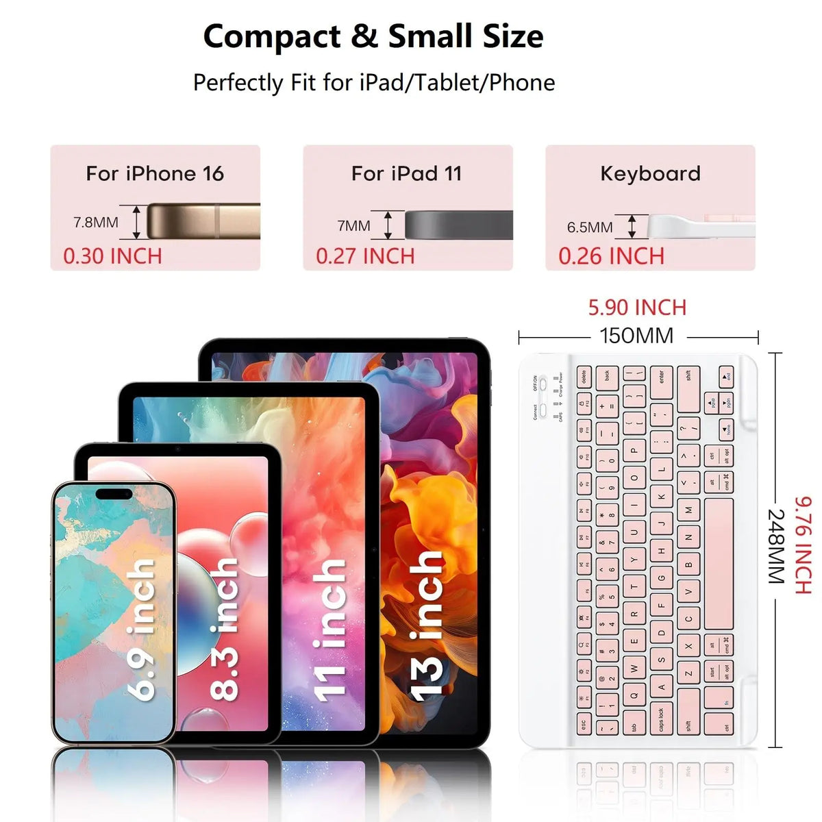 Kompakte kabellose Tastatur und Maus-Kombination neben verschiedenen Tablets und Handys.