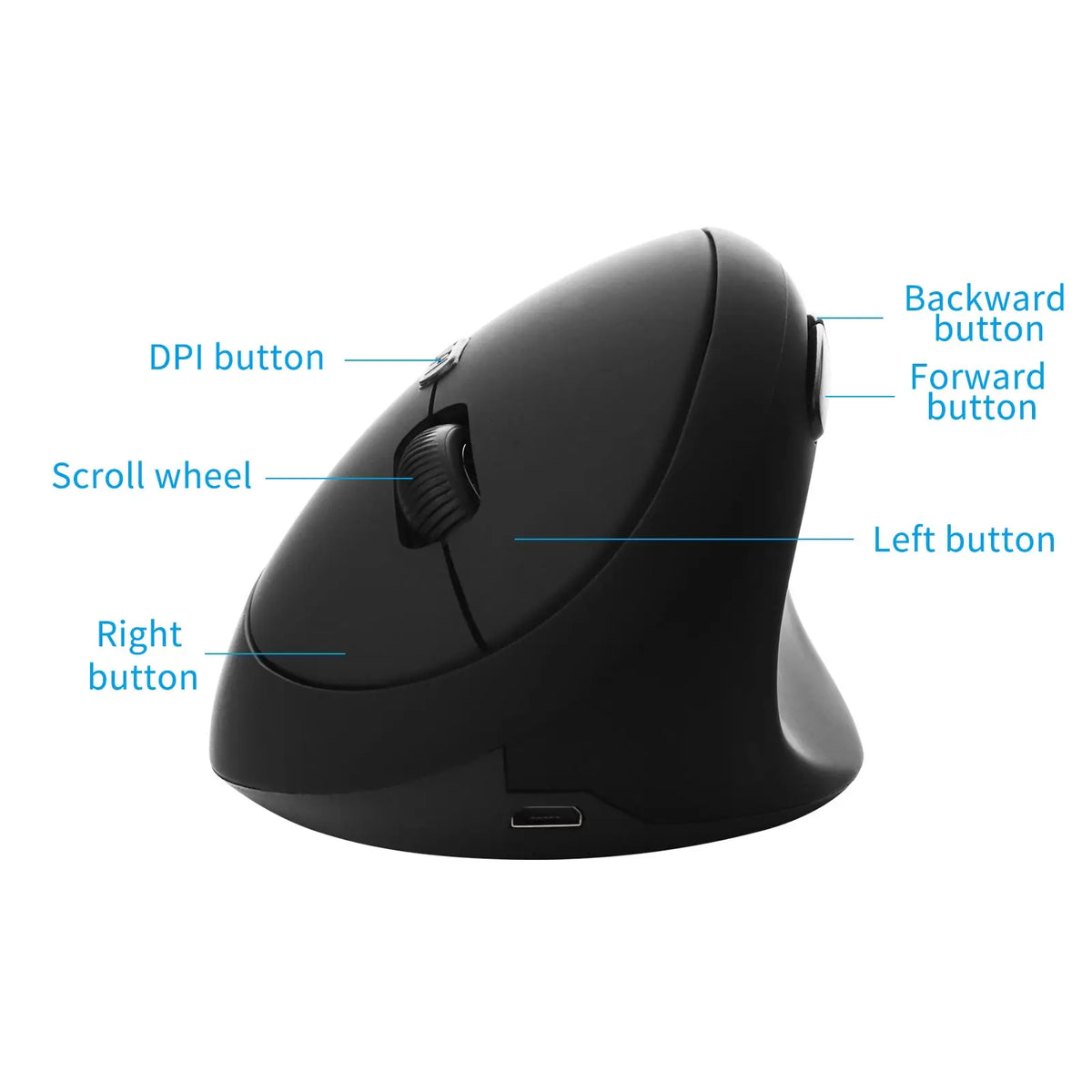 Black ergonomic vertical wireless gaming mouse showing various buttons like DPI, scroll wheel, and left/right buttons