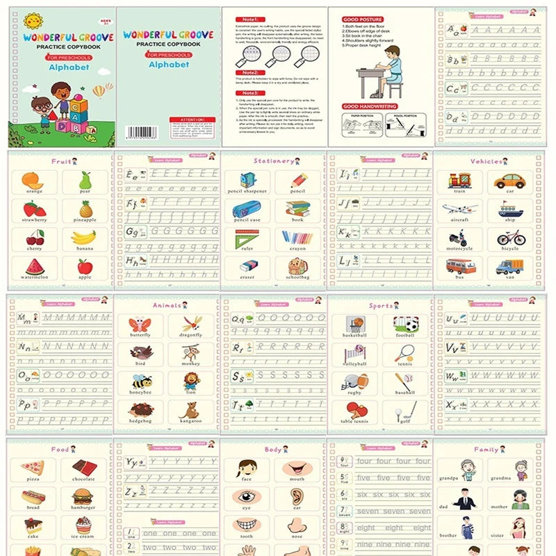 A set of guided writing practice books and copybooks for children covering alphabet, stationery, and body parts.