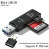Black USB 3.0 SD+TF 2-in-1 card reader featuring a microSD adapter and a 32GB SD storage card.