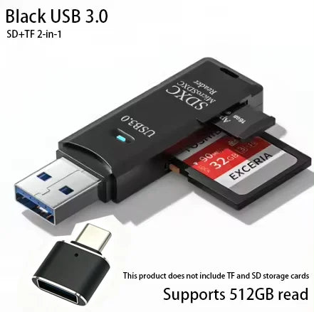Black USB 3.0 SD+TF 2-in-1 card reader with a connector and storage cards