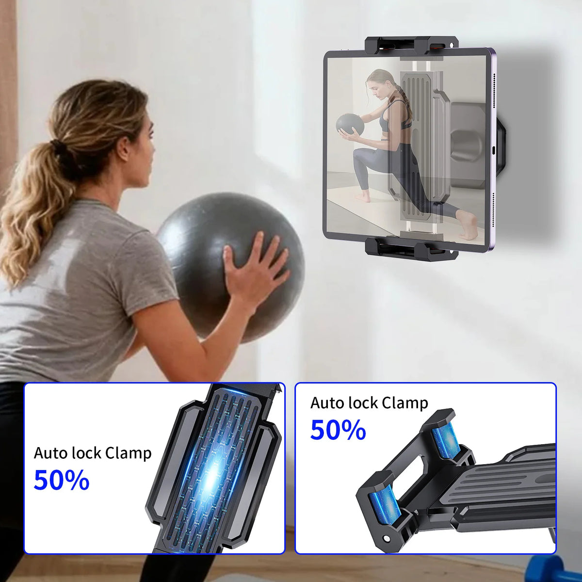 A woman is using a 360° rotating tablet wall mount stand to exercise with a medicine ball.