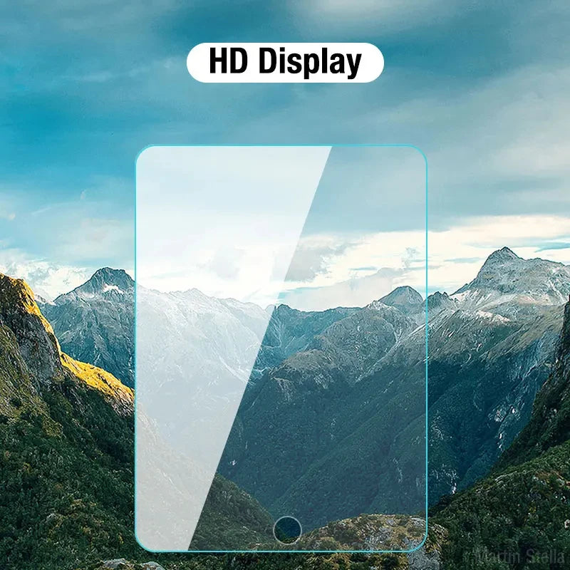 Un protecteur d'écran transparent est affiché sur un paysage montagneux avec une étiquette d'affichage HD.