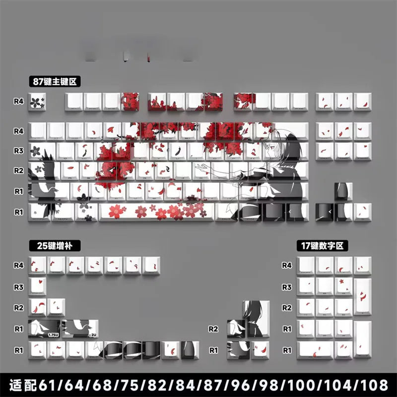 A set of anime themed PBT keycaps for a mechanical keyboard, showing various characters and designs.