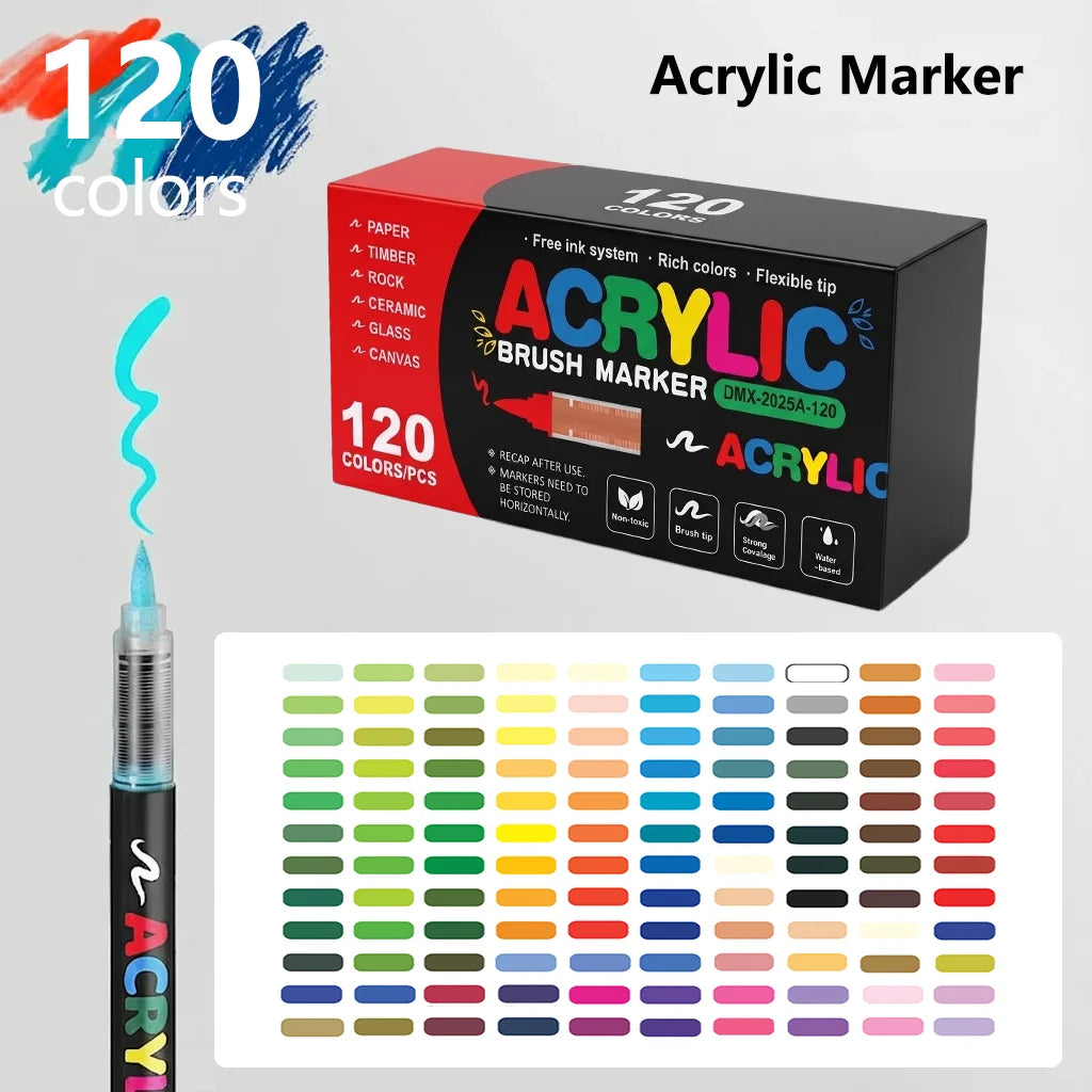 Box of 120 color acrylic brush markers with a palette of various colors.