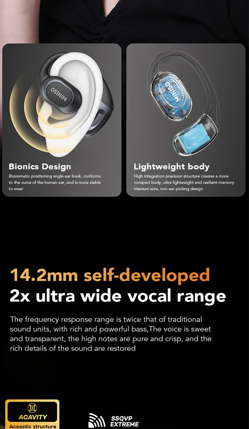 Close-up of a white open-ear wireless sports earbud with a silicone tip and a black charging case.