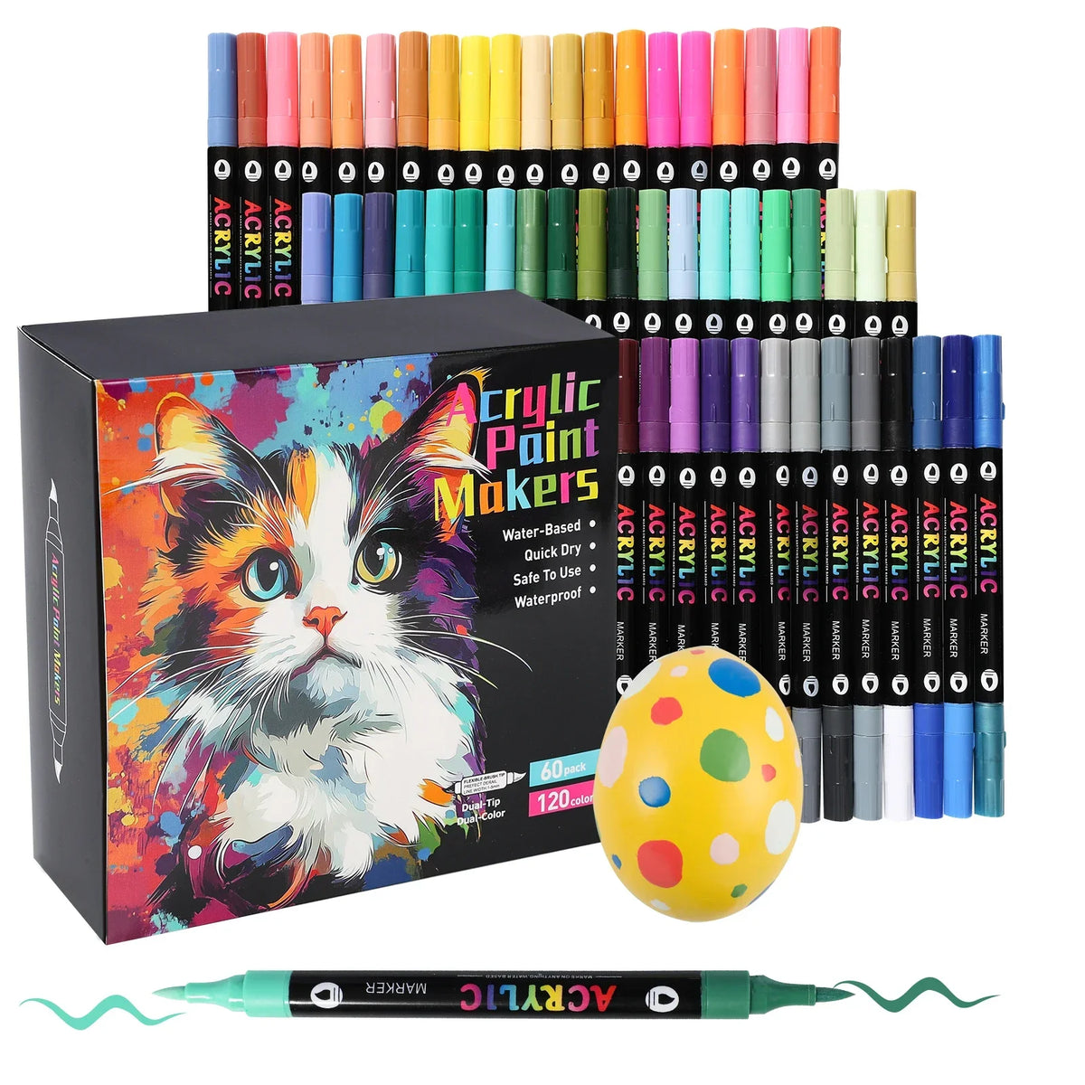 A box of dual-tip acrylic paint markers featuring various colors arranged in rows.