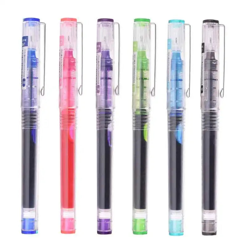 A set of twelve precision rollerball gel pens in various colors and finishes displayed side by side.