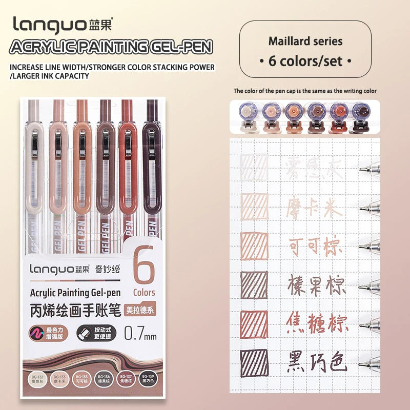 A set of six Languo Acrylic Painting Gel-pen pens in various colors with a grid for reference.
