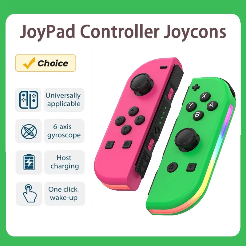 A pink and green Joypad controller pair shown with features like universal applicability, gyroscope, host charging, and one-c