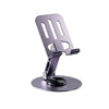 A silver, adjustable mobile phone holder with a rotating base and slotted clamp.