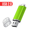 A bright lime green USB 2.0 flash drive with a metal connector is shown next to its detached plug.