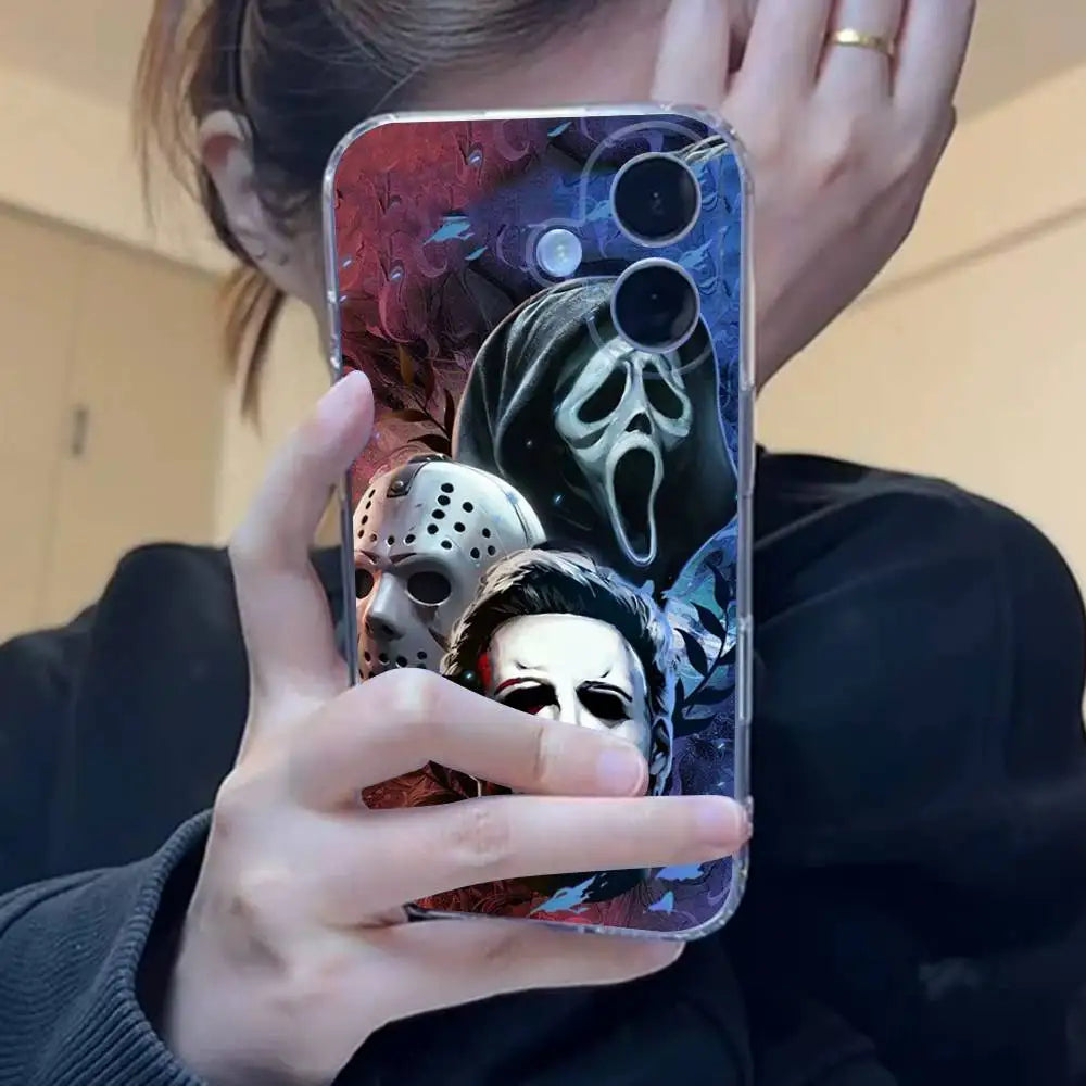 A hand holds an iPhone case featuring a dark, menacing mask design inspired by Michael Myers for Halloween.