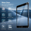 A close-up view of a tablet screen protector demonstrating features like anti-fingerprint, sensitive touch, 9H hardness, and 