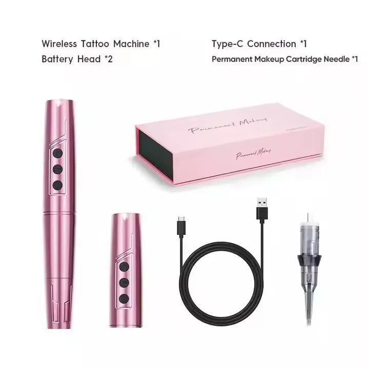 Set de pluma eléctrica rosa para tatuajes permanentes profesional, incluye cabeza de batería, aguja y cable de conexión.