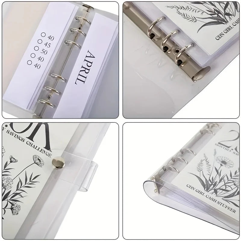 A set of goal-oriented savings binders featuring April and other months, with clear plastic covers and metal rings.