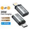 Silberner Adapter, der Type-C zu iOS und iOS zu Type-C Ladefunktionen mit 20W Schnellladung zeigt.
