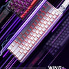 A close-up view of a white gaming keyboard with red accents and RGB lighting, featuring hot-swap switches.