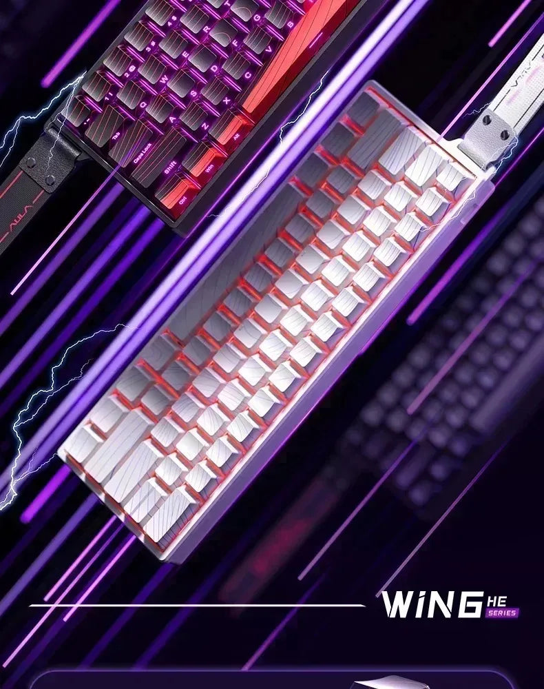 A close-up view of a white gaming keyboard with red accents and RGB lighting, featuring hot-swap switches.