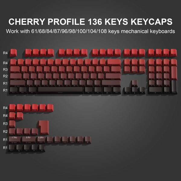 Perfil de cereza, 136 teclas keycaps para teclados mecánicos, mostrados en varios colores y diseños