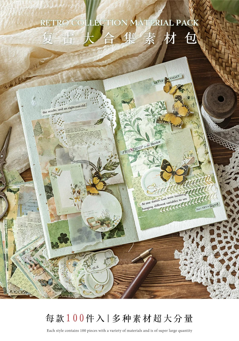A collection of retro collage material pack featuring various papers, stamps, and decorative elements for crafting.