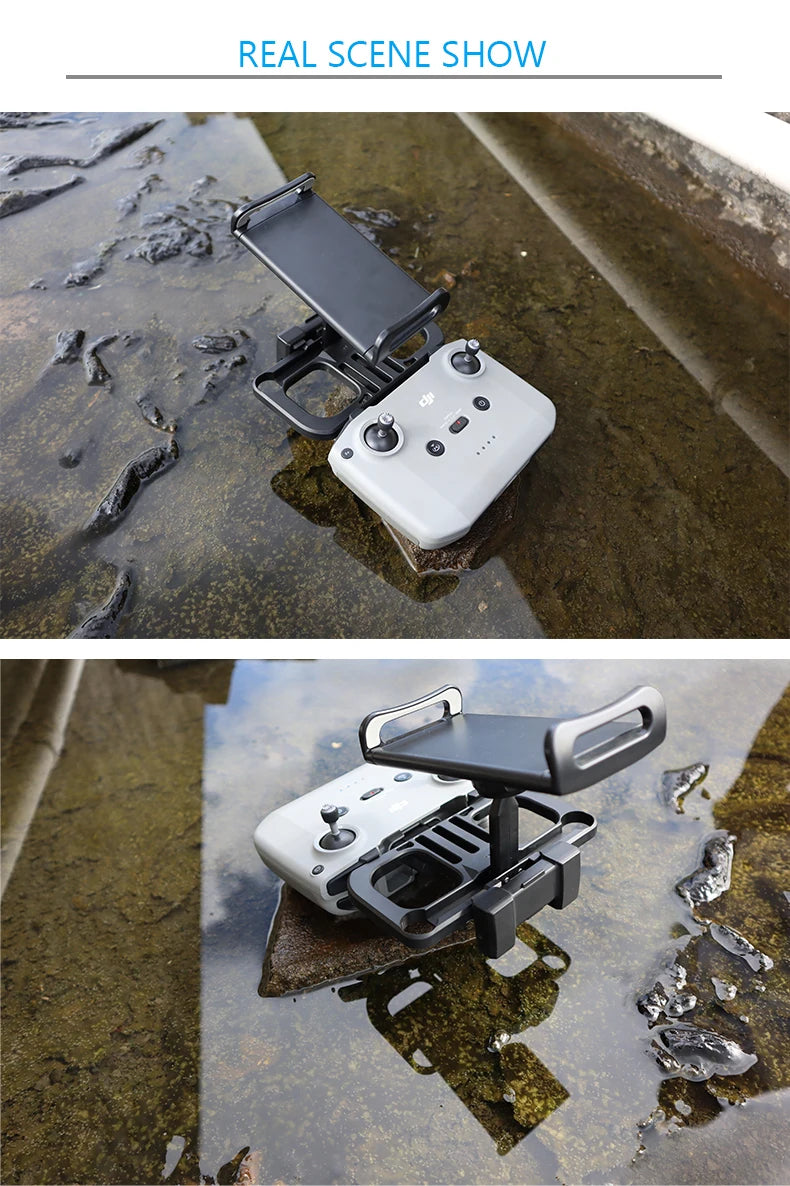 Un control remoto de dron DJI blanco está sujeto a una superficie oscura y mojada para una exhibición en escena real.