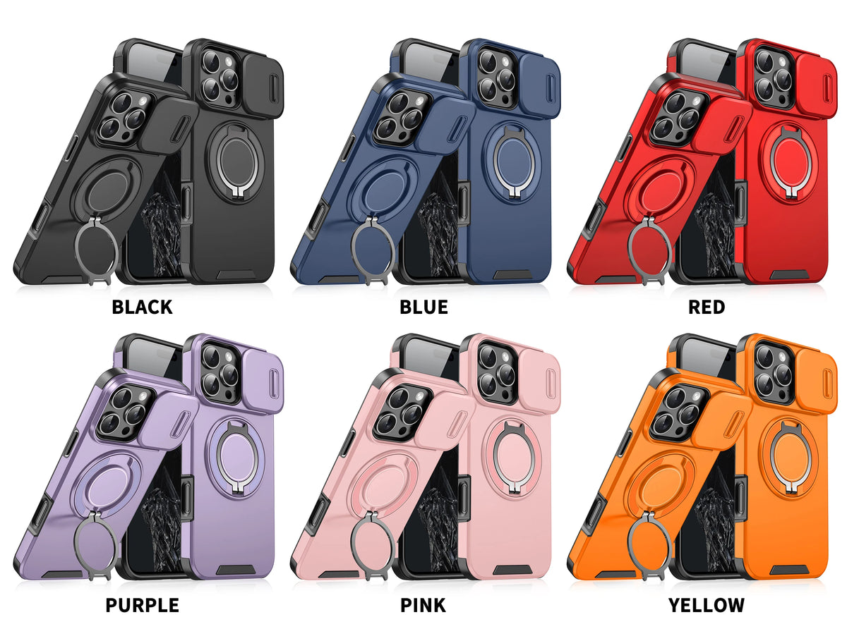 A set of heavy-duty magnetic ring stands in various colors including black, blue, red, purple, pink, and yellow.