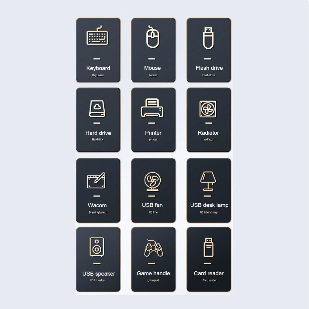 A grid of black icons representing various computer peripherals including keyboard, mouse, flash drive, hard drive, printer, 