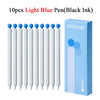 A box containing 10 light blue pens with black ink and a white cylindrical pen shown next to the packaging.
