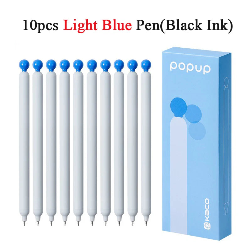 A box containing 10 light blue pens with black ink and a white cylindrical pen shown next to the packaging.