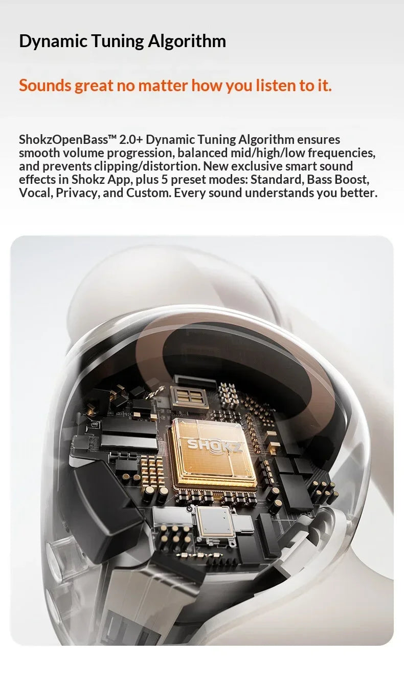 Close-up view of the internal components and tuning algorithm display of Shokz OpenBass headphones.