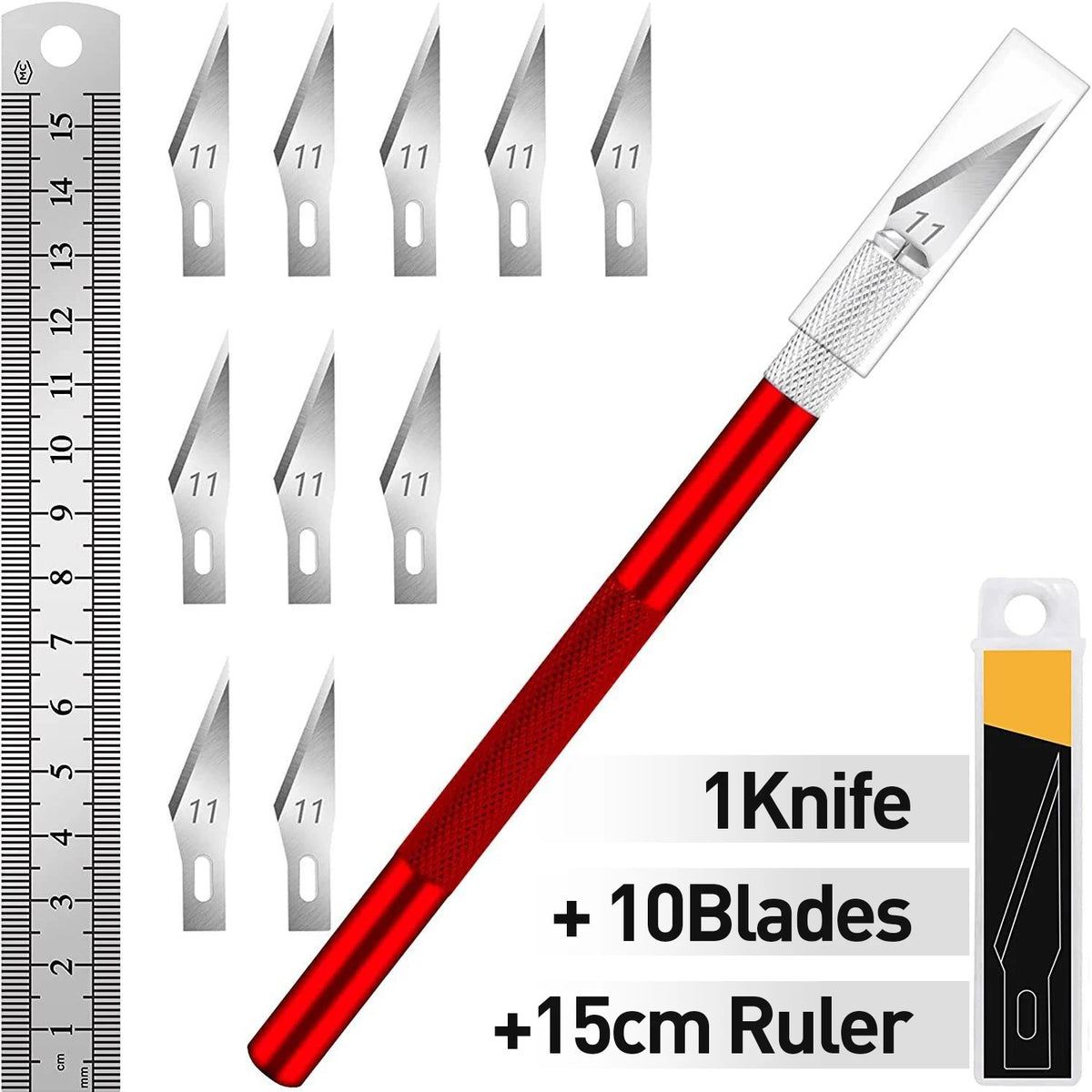 A precision craft knife set featuring 11 stainless steel blades and a 15cm steel ruler.