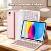Pink universal Bluetooth keyboard case for an iPad showing the case, keyboard, and mouse.