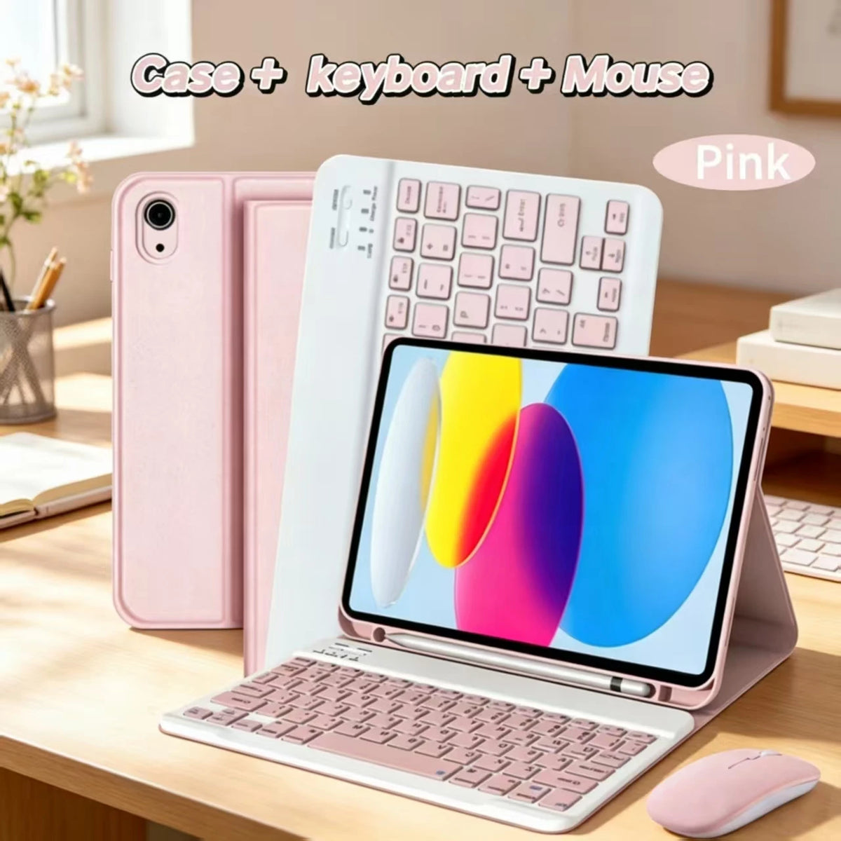 Pink universal Bluetooth keyboard case for an iPad showing the case, keyboard, and mouse.