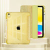 A yellow glittery protective stand cover for an iPad is shown alongside the device.