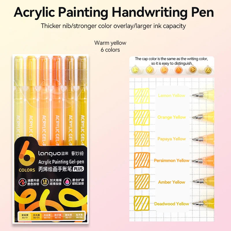 A set of six yellow acrylic painting handwriting pens with thick nibs and various shades of yellow ink.