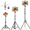 A black adjustable tripod mount for phones and tablets shown with various mounting options.