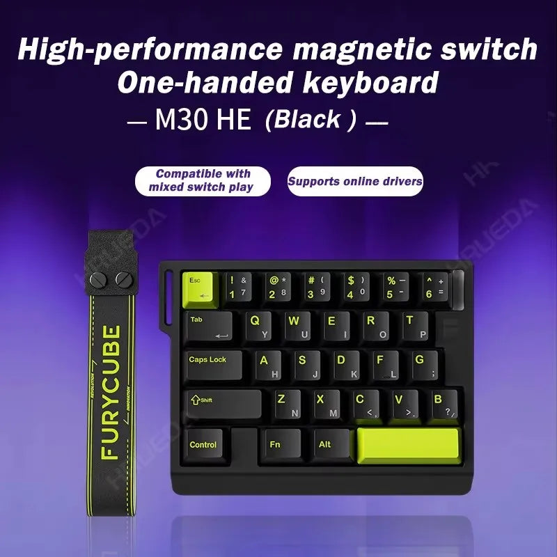 A black one-handed magnetic switch keyboard featuring a yellow keycap and a black case.