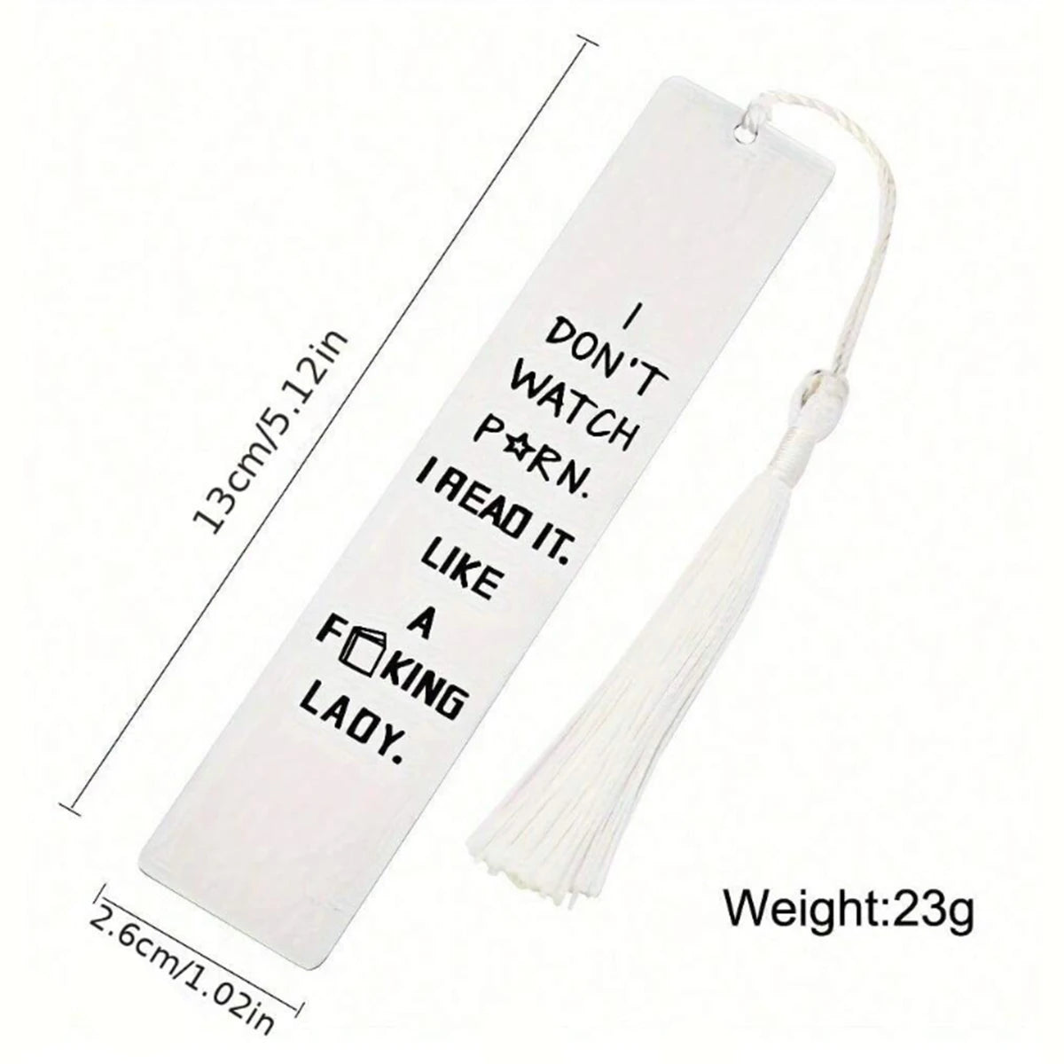 A white rectangular bookmark with black text and a tassel on a thin cord.