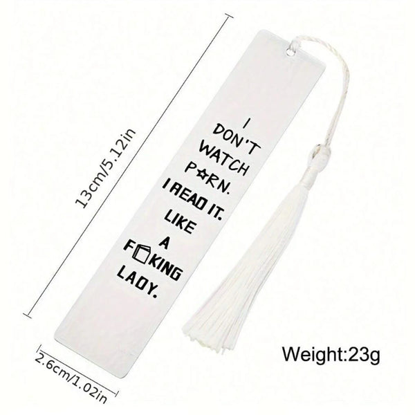 A white rectangular bookmark with black text and a tassel on a thin cord.