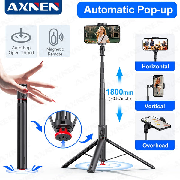 Black auto pop-up tripod selfie stick with horizontal, vertical, and overhead mounting options