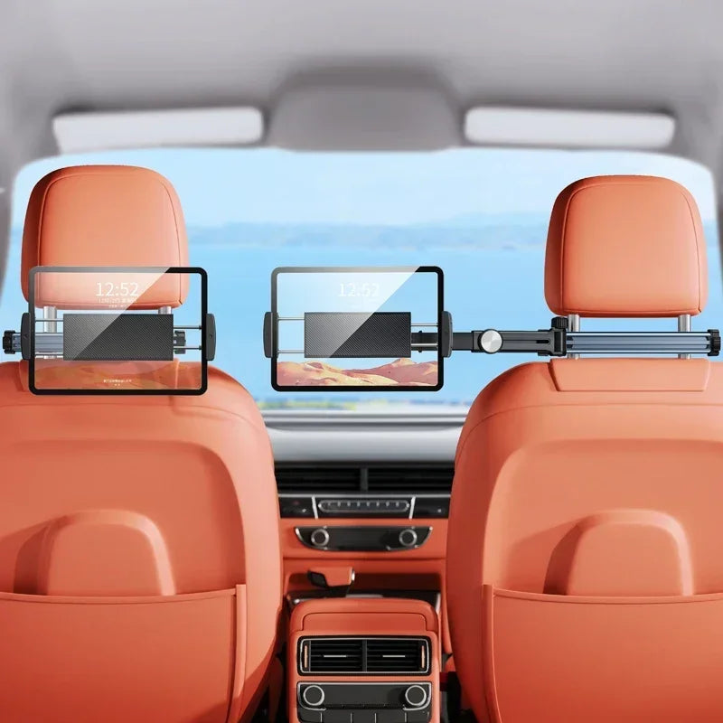 An adjustable tablet holder is mounted on a car headrest, displaying a digital clock.