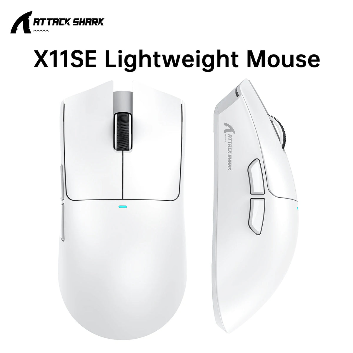 A white Attack Shark X11 SE lightweight wireless gaming mouse shown from the top and side views.