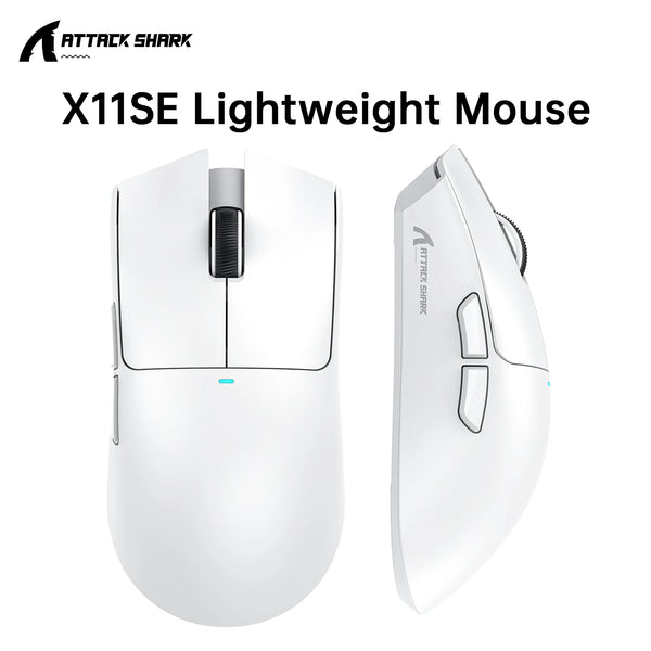 Ratón inalámbrico ligero de juego Attack Shark X11 SE blanco, visto desde arriba y lateral.